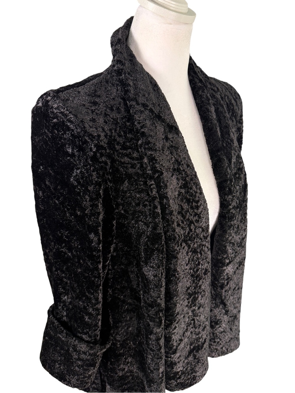 Connected Apparel Black Crushed Velvet Open Front Jacket M Soft Duster Jacket - Picture 3 of 11